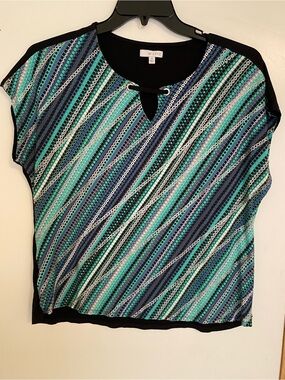 W Lane Teal & Navy Diagonal Print Keyhole Blouse